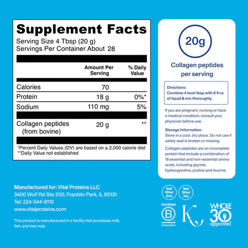 Vital Proteins Bovine Collagen Peptides Unflavored Powder, Dietary Supplement